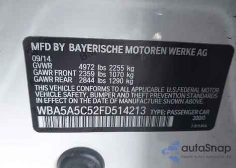 2015 BMW 528I из США, поврежденный, VIN WBA5A5C52FD514213